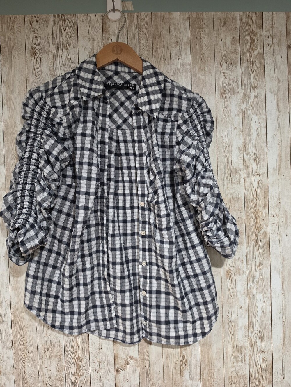 Veronica Beard Porta Ruched Gingham Blouse S